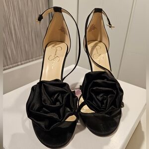 Elegant Black Satin Heels with Floral Accent